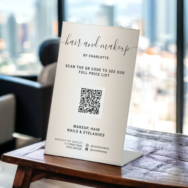 Signe De Table Faux or métal chic maquillage numérique QR prix (Faux gold metallic chic makeup digital QR price Pedestal Sign)