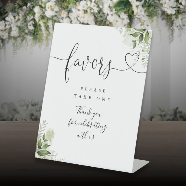 Signe De Table Favoriser la verdure Floral Coeur Script (Favors Greenery Floral Heart Script Pedestal Sign)