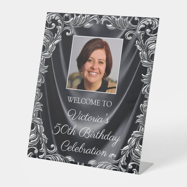 Signe De Table FEMMES Black Silver Photo Birthday Welcome Table (Recto)