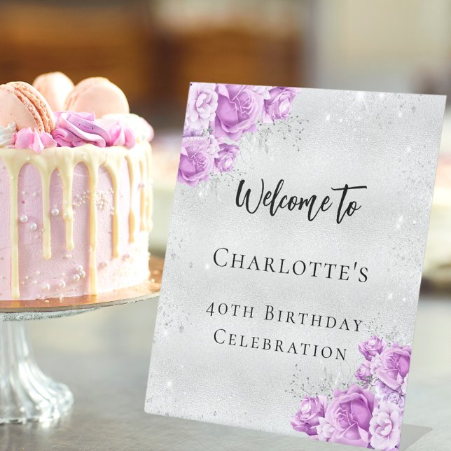 Signe De Table Fête d'anniversaire argent rose violet fleurs accu (Créateur téléchargé)