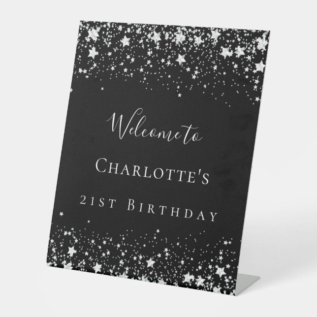 Signe De Table fête d'anniversaire noir argent étoiles bienvenue (Recto)