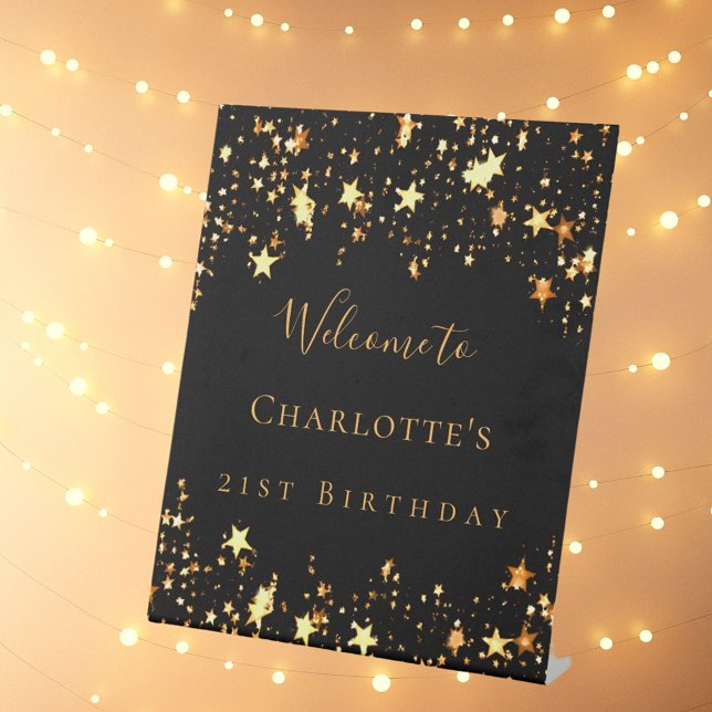 Signe De Table fête d'anniversaire noir étoiles d'or bienvenue (Créateur téléchargé)