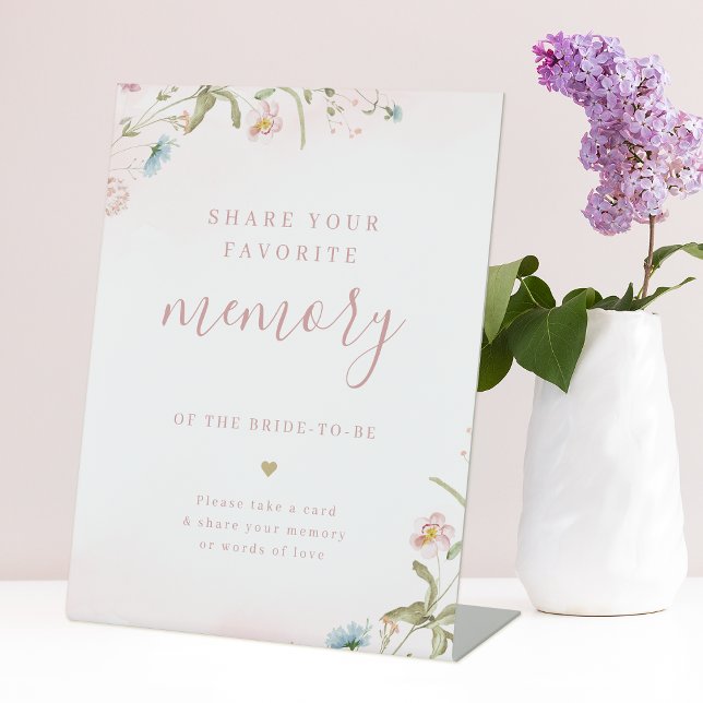 Signe De Table Fête de mariage champêtre avec des fleurs sauvages (Pink wildflower boho share a memory bridal shower pedestal sign)