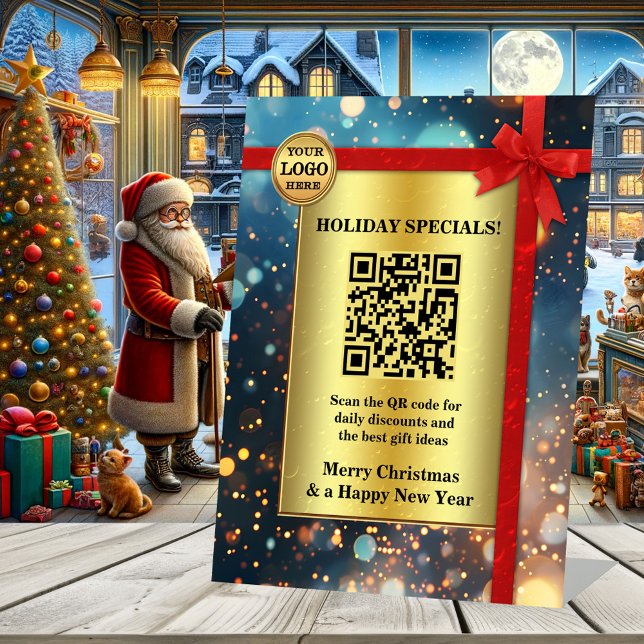 Signe De Table Fête de Noël Gold Sparkling (Sparkling Christmas business tabletop sign template with a red ribbon on gold. With QR code and logo)