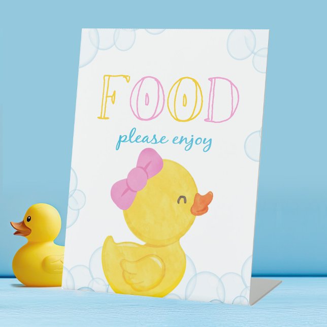 Signe De Table Fête de nourriture pour canard en caoutchouc (Girl Watercolor Rubber Duck Food Party Sign for Baby Shower or Birthday)