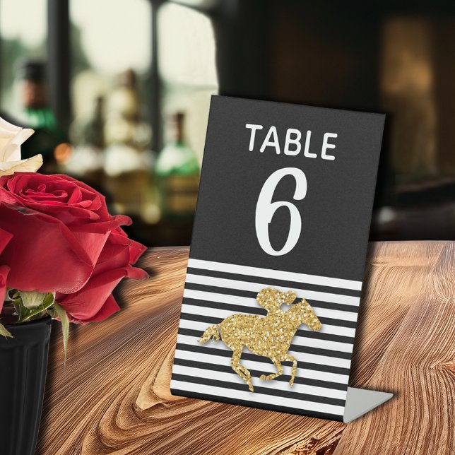 Signe De Table Fête des mariées Gold Racehorse Numéro de table (Gold racehorse Derby-theme bridal shower table number pedestal-style tabletop sign)