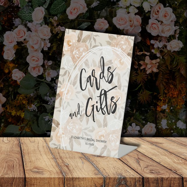 Signe De Table Fête des mariées Rustique Fleurs de Pêche CARTES e (Rustic Peach Flowers CARDS and GIFTS Bridal Shower Pedestal Sign)