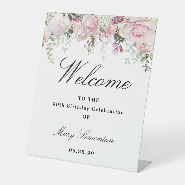 Signe De Table Fleur rose blanc 90e anniversaire Bienvenue (Recto)