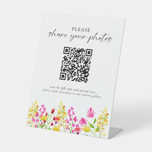 Signe De Table Fleur sauvage Mariage Floral Elegant Photo QR Code (Recto)