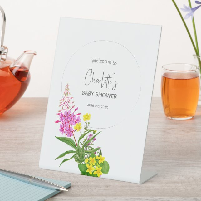 Signe De Table Fleur sauvage rose jaune Script Baby shower heureu (In SItu)
