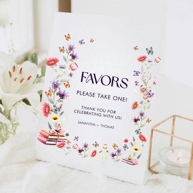 Signe De Table Fleur Sauvage Violette Cadeau de Fiançailles (Purple wildflower bridal shower favor sign — elegant watercolor florals with storybook charm.)