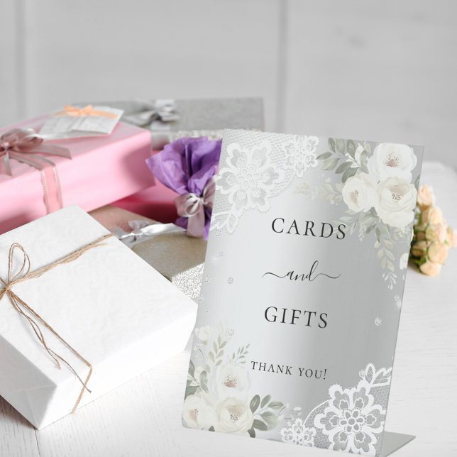 Signe De Table Fleurs blanches en dentelle argentée cartes cadeau (Créateur téléchargé)