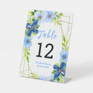 Signe De Table Fleurs bleues et navy avec feuillage 