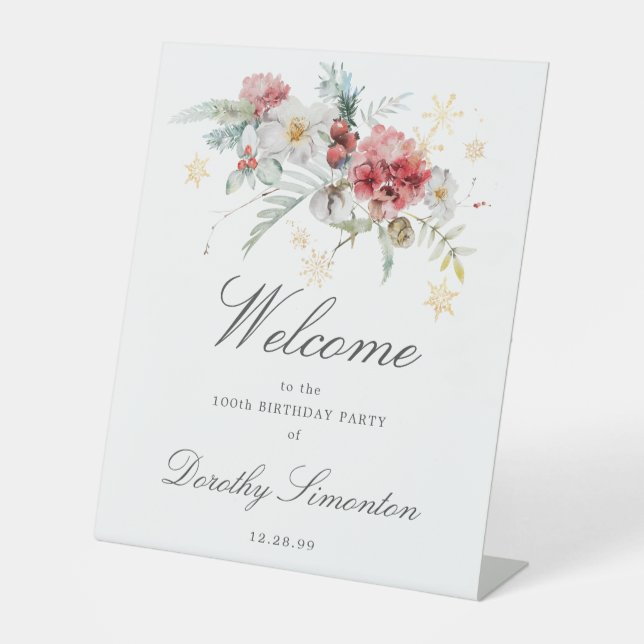 Signe De Table Fleurs d'aquarelle d'hiver 100e anniversaire Bienv (Recto)
