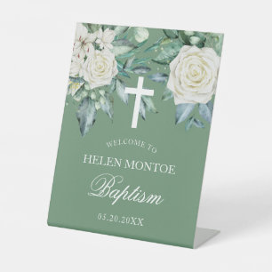 Signe De Table Fleurs roses Eucalyptus Baptême Vert