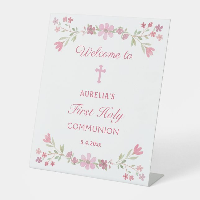 Signe De Table Fleurs roses Première communion Accueil (Recto)
