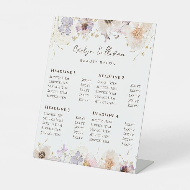 Signe De Table Fleurs séchées Tarifs Tarifs Signal Piédestal (Recto)