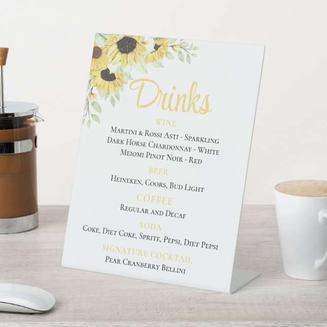 Signe De Table Floral Aquarelle Sunflowers Mariage Boissons Bar (In SItu)