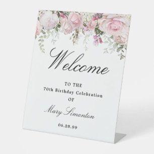 Signe De Table Floral rose blanc 70e anniversaire Bienvenue