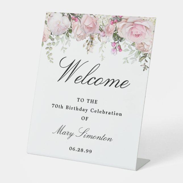 Signe De Table Floral rose blanc 70e anniversaire Bienvenue (Recto)