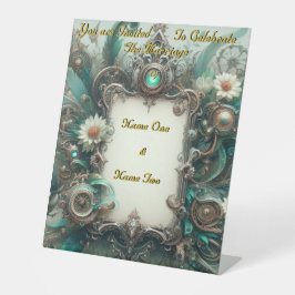 Signe De Table Floral Steampunk Mariage vert et argent