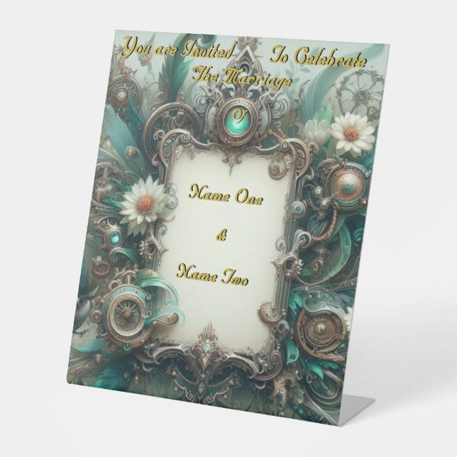 Signe De Table Floral Steampunk Mariage vert et argent (Recto)