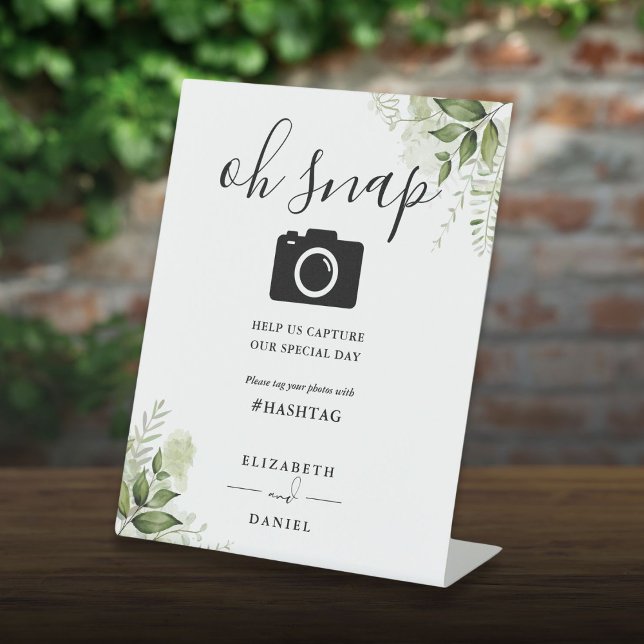 Signe De Table Flore vert Script Oh Snap Photo (Greenery Floral Script Oh Snap Photo Pedestal Sign)