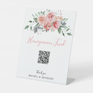 Signe De Table Fonds Lune de miel QR Code Boho Mariage Floral ros