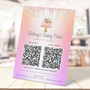 Signe De Table Gâteau Rougeoyant Rose 2 Code QR Payer ici Glitter