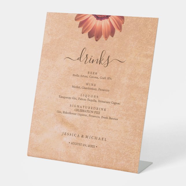 Signe De Table Gerbera Flower sur Mariage de pêche Abstrait (Recto)