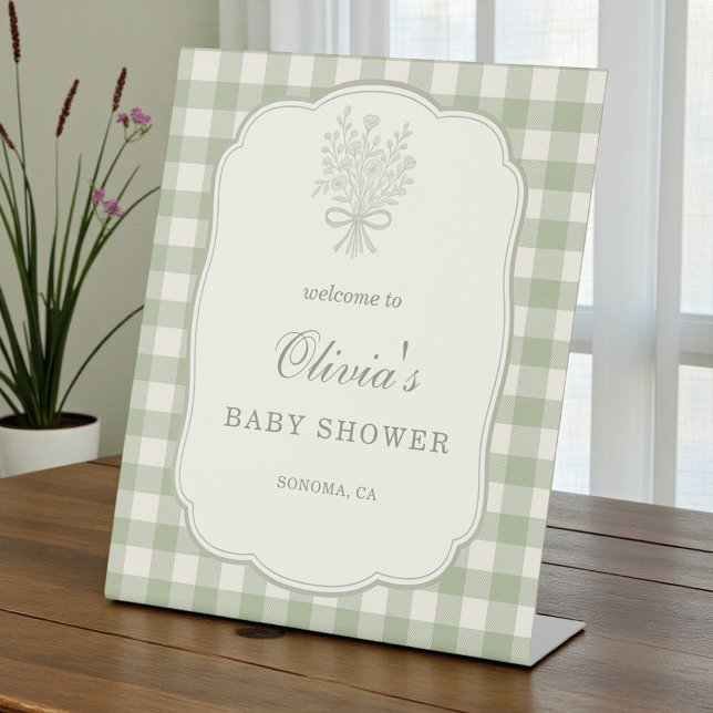 Signe De Table Gingham Floral Bow Baby Shower Welcome Sign (Créateur téléchargé)