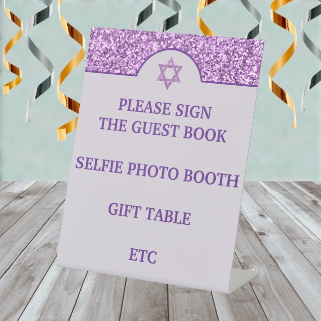 Signe De Table Glam Purple Créez votre propre Bat mitzvah élégant (Edit and add your own text to make the perfect purple glam Bat Mitzvah tabletop signs for the party)