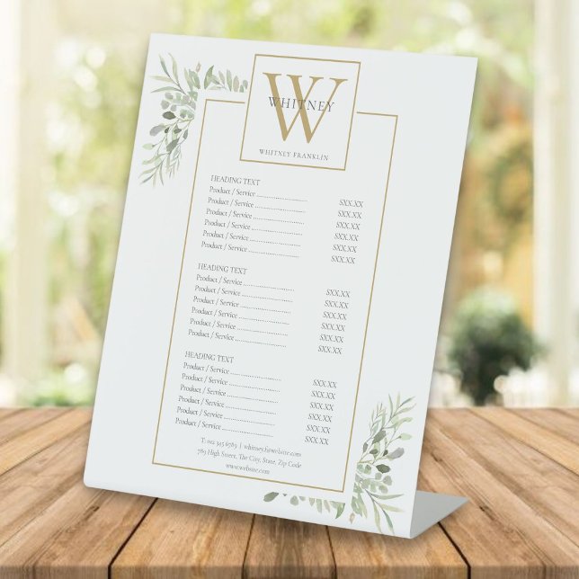 Signe De Table Gold Monogramme Service de verdure Menu Prix (Gold Monogram Greenery Service Menu Price List Pedestal Sign)