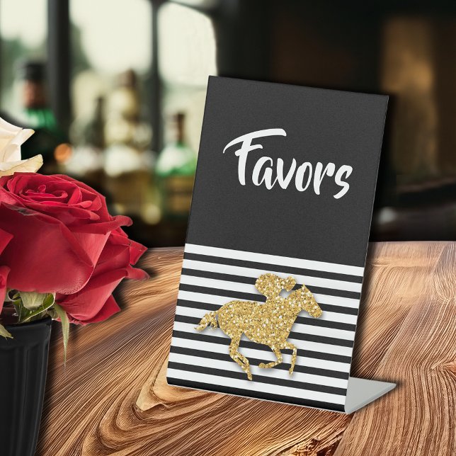 Signe De Table Gold Racehorse Fête des mariées Faveurs (Gold racehorse Derby-theme bridal shower FAVORS tabletop pedestal sign)