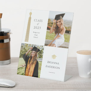 Signe De Table Gold Tassel & Casquette Blanc 2 Photo Graduation