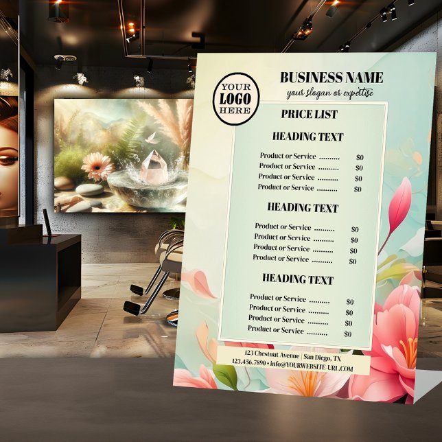 Signe De Table Green Floral Beauty Business Logo Tarifs (Beauty business tabletop sign price list featuring an elegant design with pink watercolor flowers )