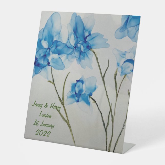 Signe De Table Guestbook Wedding Blue Flowers  Hand Fan (Recto)