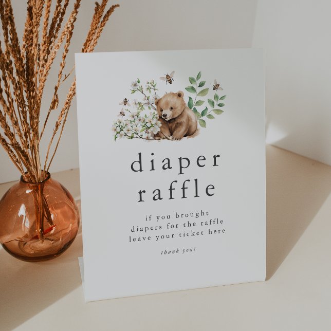 Signe De Table HANNAH Bear Baby shower de laine de  Raffin (HANNAH Bear Woodland Baby Shower Diaper Raffle Pedestal Sign)