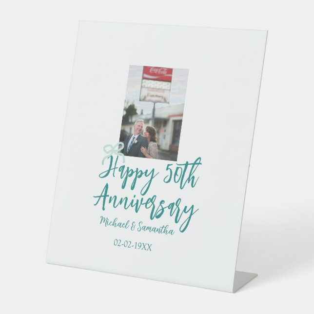 Signe De Table Happy 50th anniversary photo turquoise bow name da (Recto)