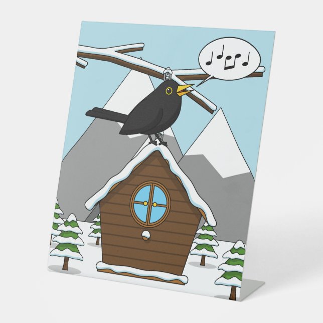Signe De Table Happy Blackbird chanter dans le paysage hivernal (Recto)