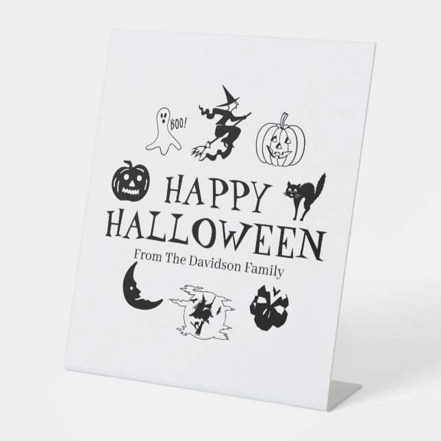 Signe De Table Happy Halloween nom personnalisé noir blanc éffray (Recto)