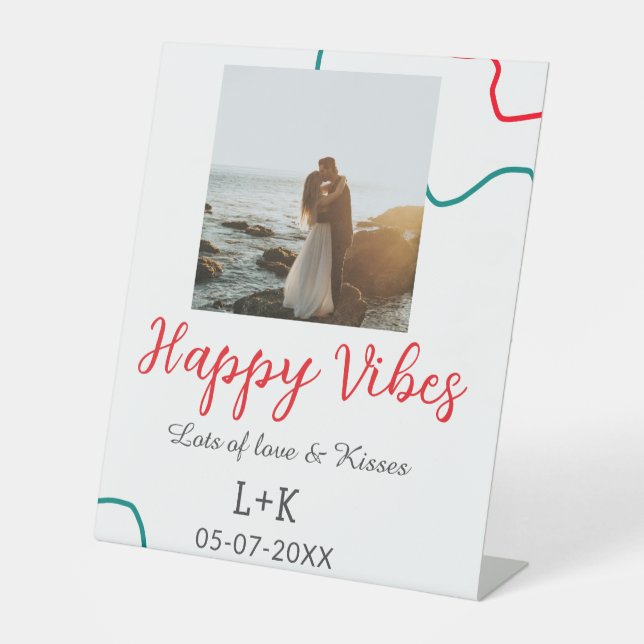 Signe De Table Happy Vibes nom du couple date mariage rouge (Recto)