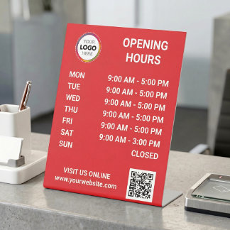 Signe De Table Heures d'ouverture du magasin avec logo + code QR