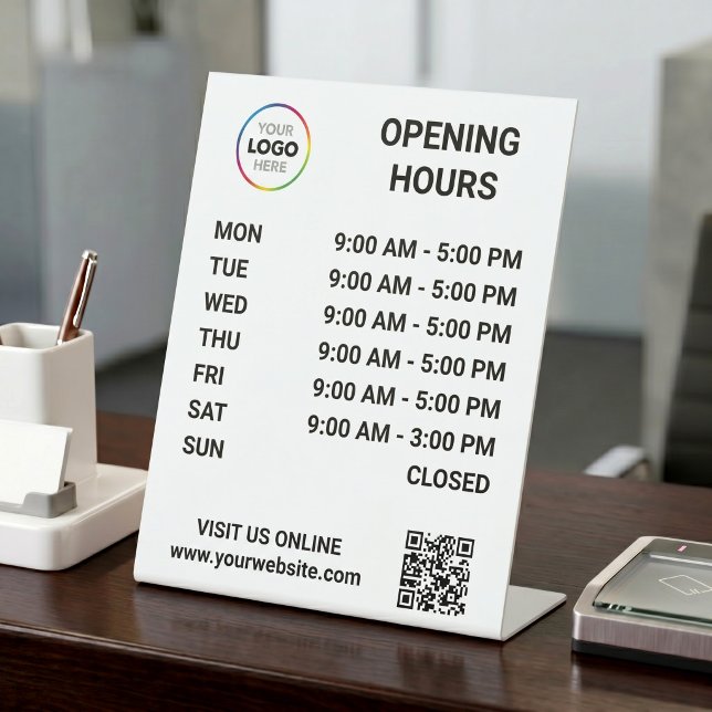 Signe De Table Heures d'ouverture du magasin avec logo + code QR  (Créateur téléchargé)