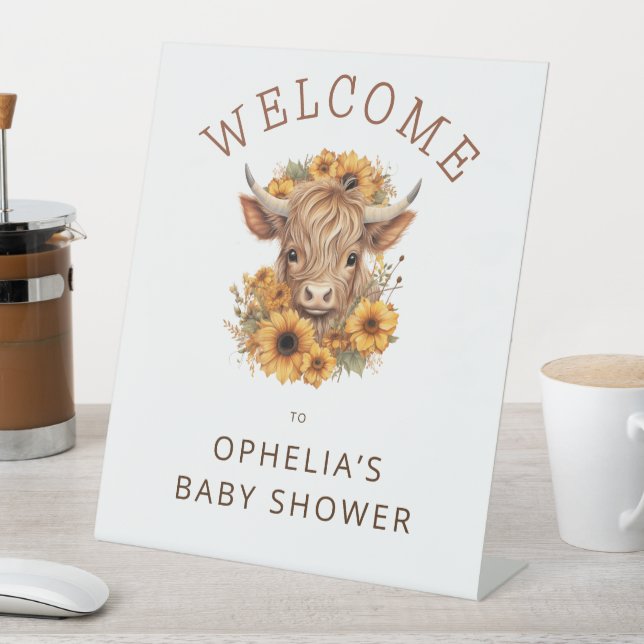 Signe De Table Highland Cow Sunflowers Baby shower de bienvenue (In SItu)