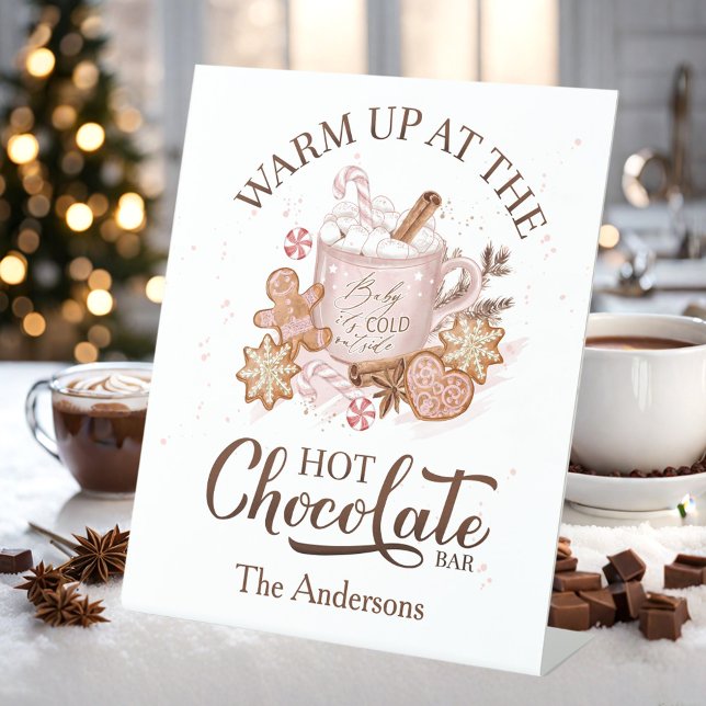 Signe De Table Hot Chocolat Bar Rose Noël Nom de famille (Hot Chocolate Bar Pink Christmas Family Name Pedestal Sign)