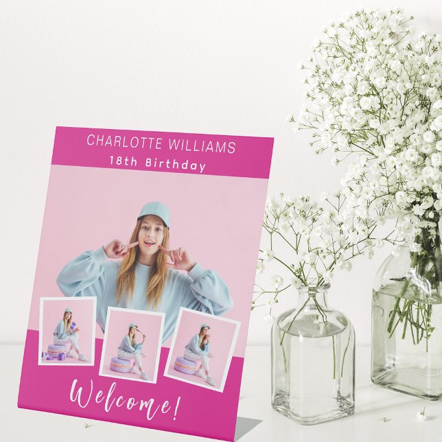 Signe De Table Hot rose photo collage anniversaire fête bienvenue (Créateur téléchargé)