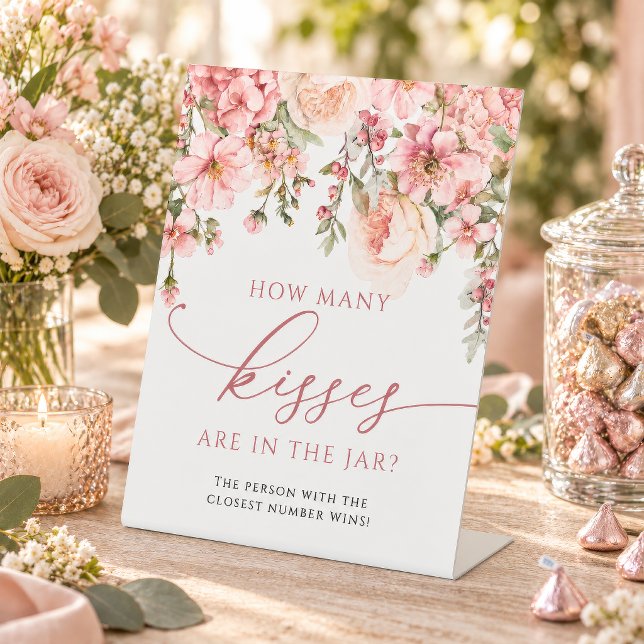 Signe De Table Hydrangea Rose Combien de Bisous dans le Pot  (Pink Hydrangea & Blush Roses How Many Kisses Bridal Shower Game Sign, pedestal display)