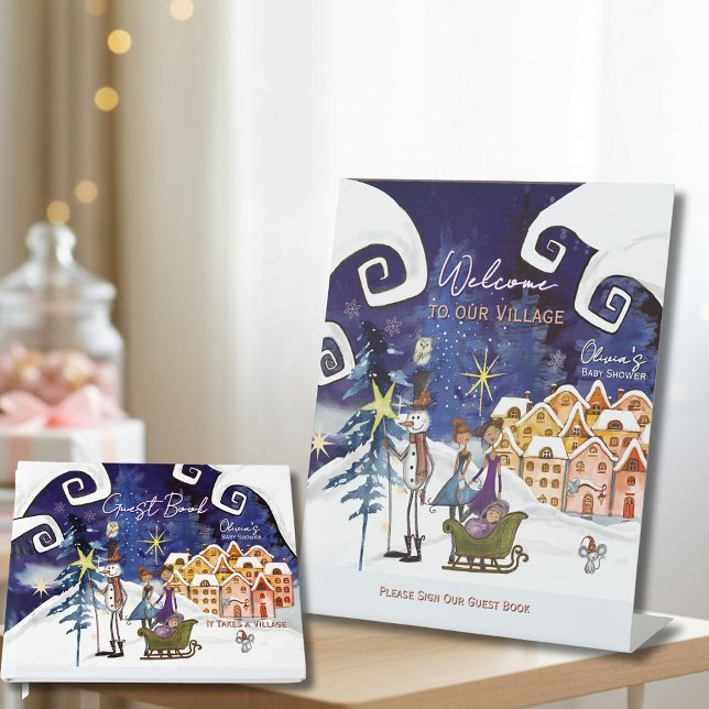 Signe De Table It Takes a Village Winter Welcome & Guest book (It Takes a Village Winter Baby Welcome & Guest book Pedestal Sign)