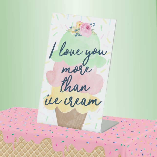 Signe De Table Je T'Aime Plus Que La Glace Cream Party (I Love You More Than Ice Cream Party Pedestal Sign for Baby Shower or Scooped Up Bridal Shower)